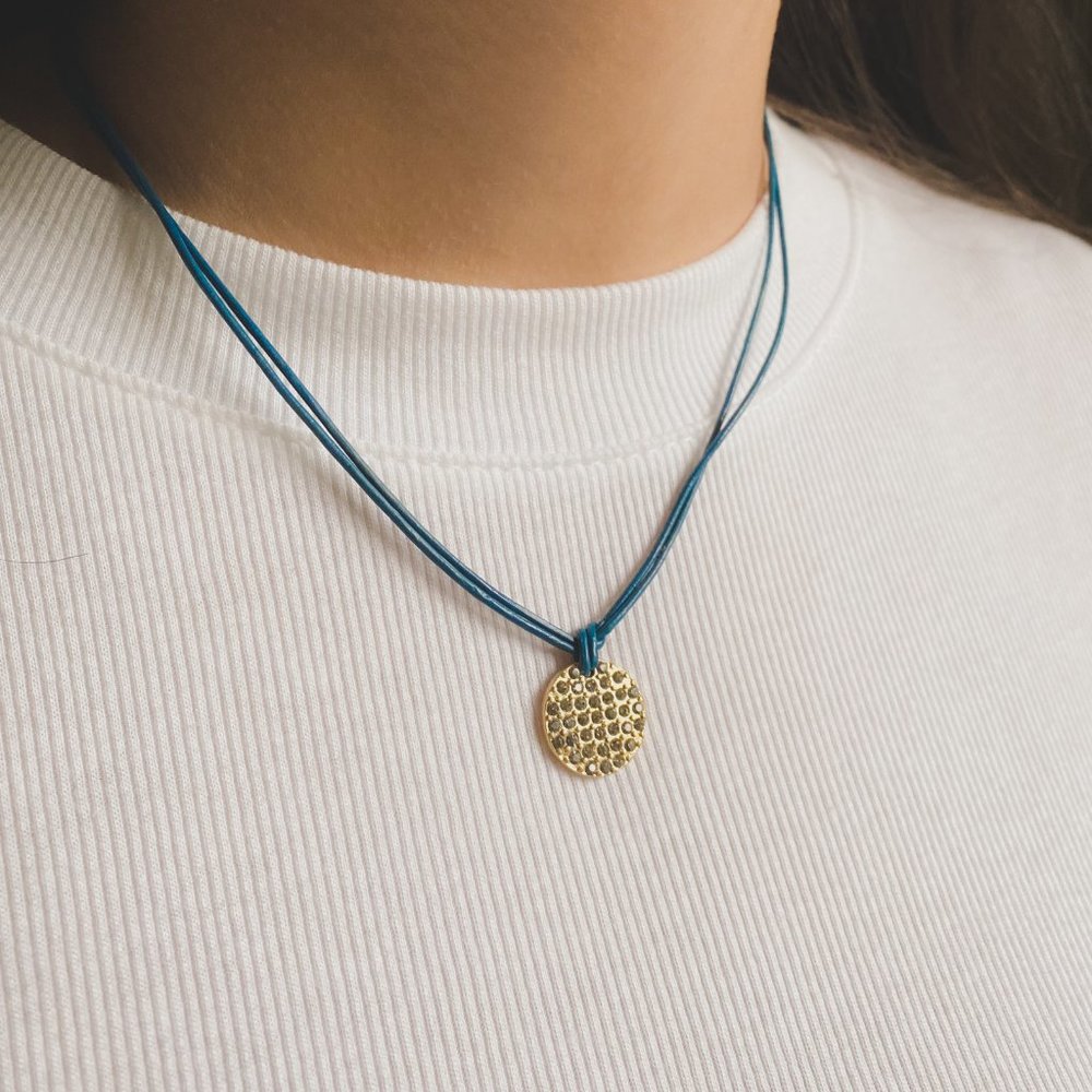Lia Sophia Gold Round Medallion Rhinestone Crystal Pendant Blue Cord Necklace